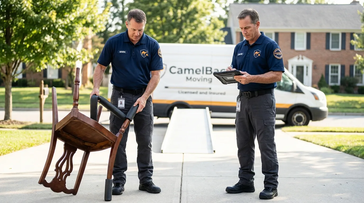 Movers inspecting furniture for damage prevention before loading in Terre Hill, PA