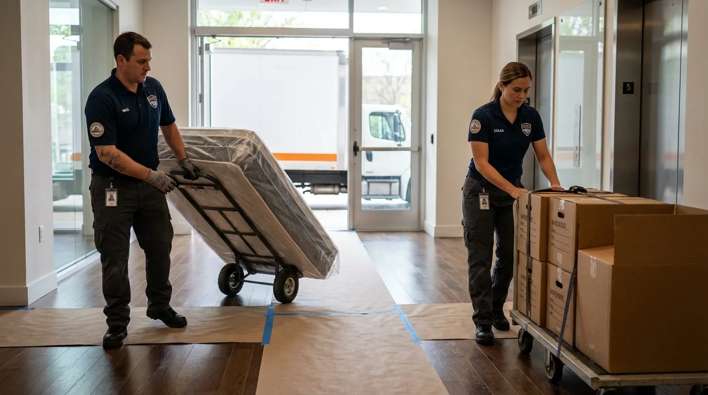 Professional apartment movers loading elevator in Terre Hill, PA