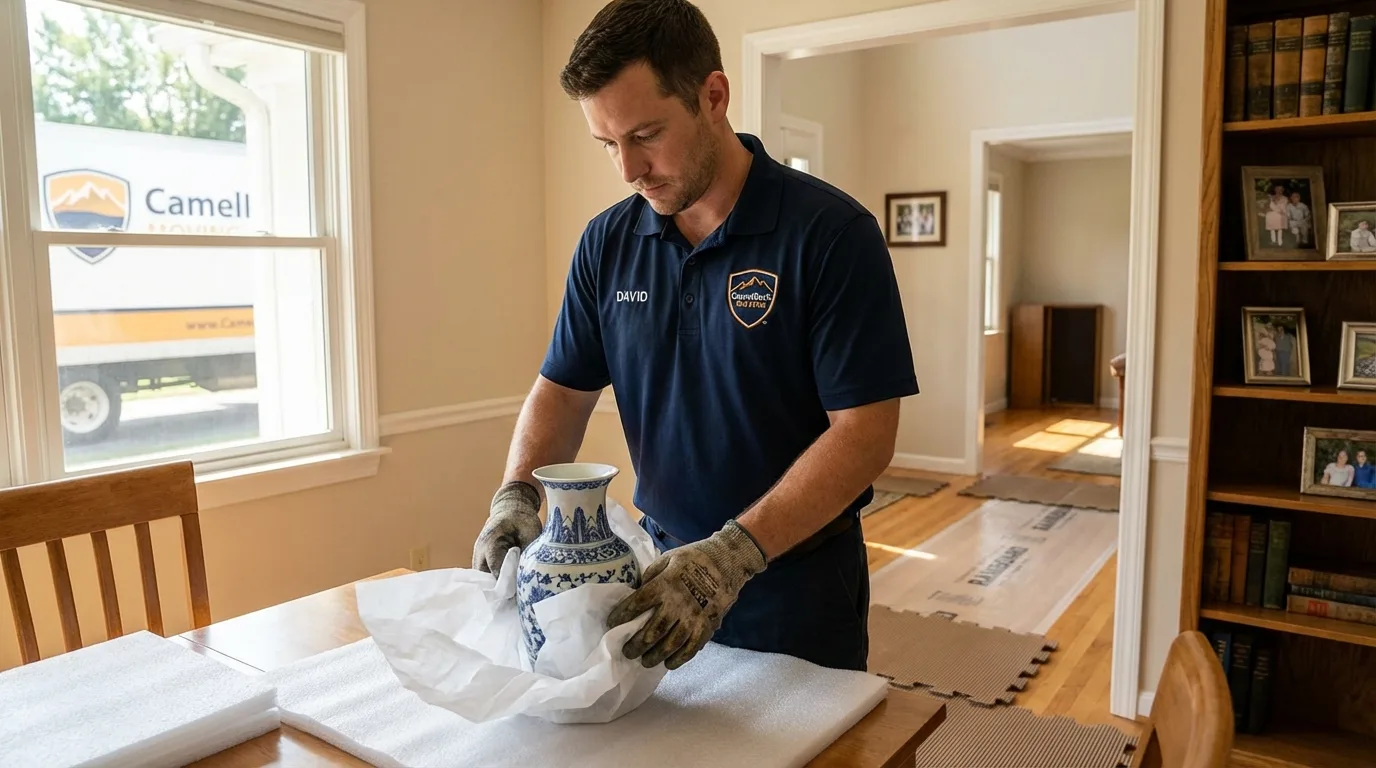 Professional crew carefully wrapping antique vase for senior downsizing move in Terre Hill, PA